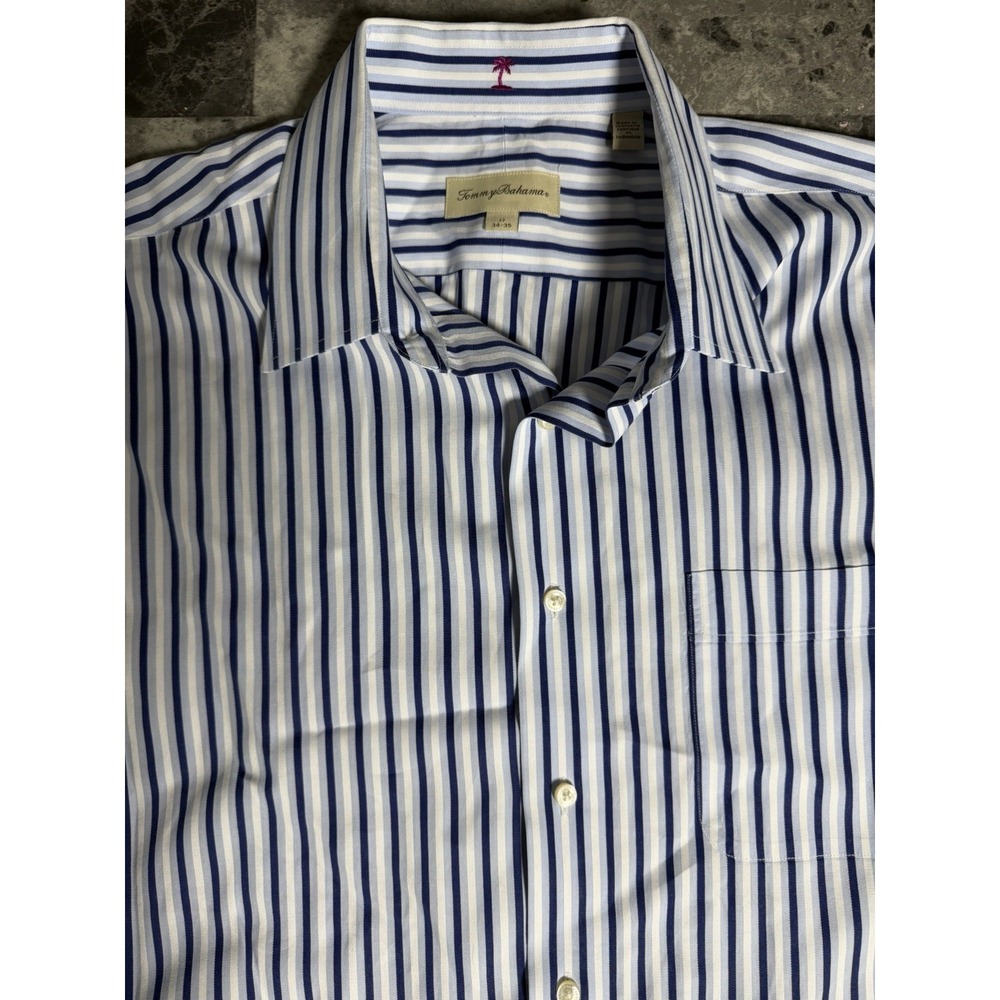 Tommy‎ Bahama Mens Blue White Striped Cotton Button Down Shirt 17 34-35